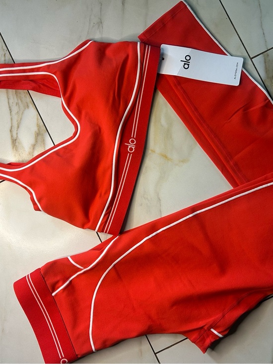 ALO Yoga Pants - ALO Yoga Red Sports Bra & Leggings Set with White Piping